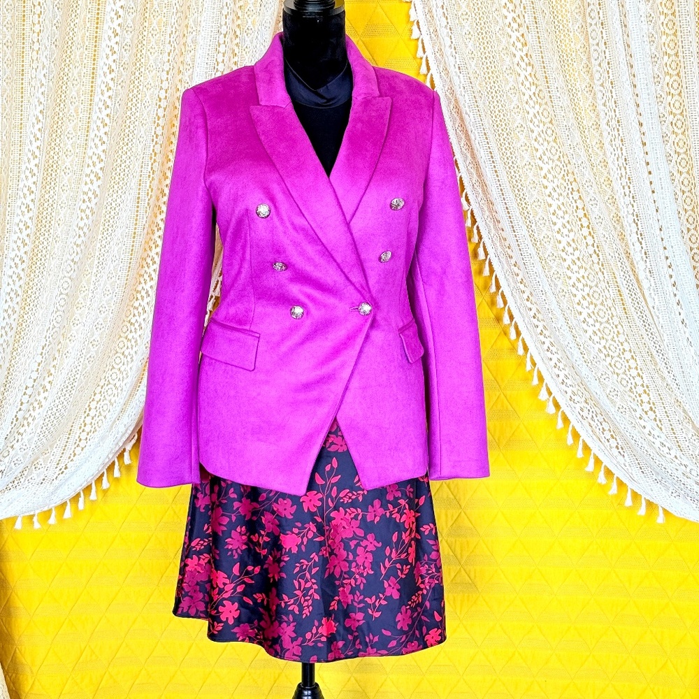 Bold Magenta Preppy Career Faux Suede Double Breasted Studio Blazer WHBM Size 12